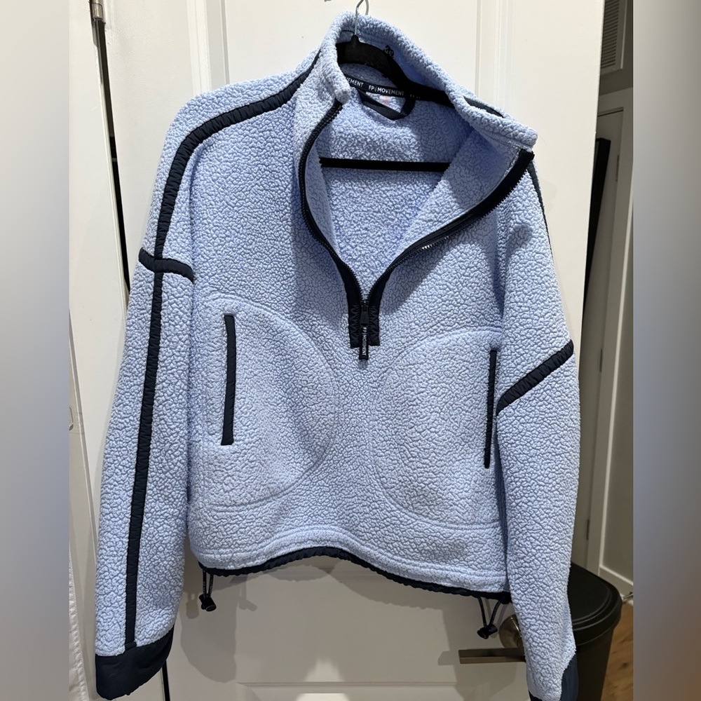 Free People Sky Blue Teddy Jacket with navy Trim
